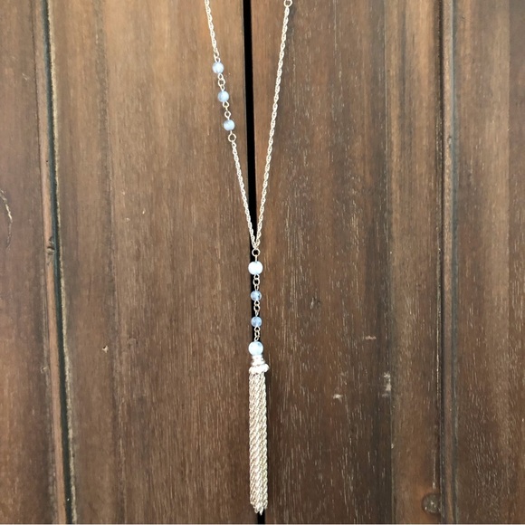 🪅 2 /$12 Banana Republic Silver Tassel Pendant Necklace with Blue Beads - Picture 6 of 9